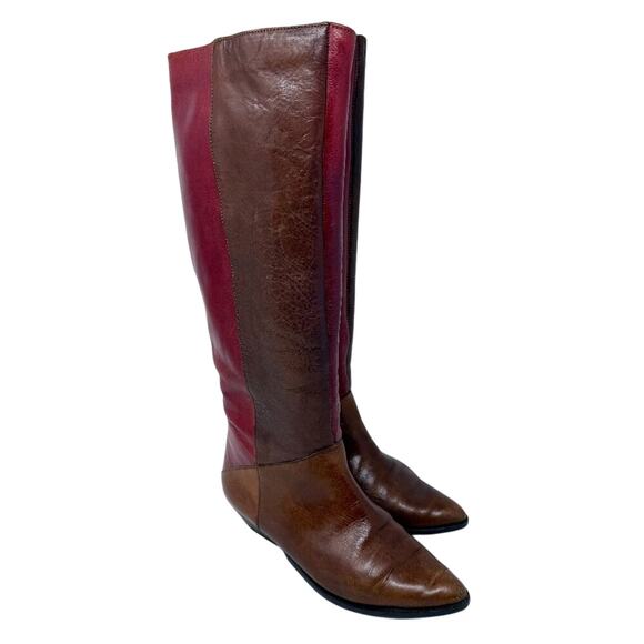 Vintage 70s Brown/Red Leather Patchwork Riding Boots Women's Size 7 EUC Pull On - Picture 1 of 9